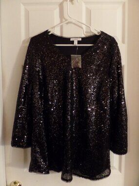 NWT 18 20 XL Isaac Mizrahi Live! BLACK SEQUIN blouse V-neck LINED slit sleeve